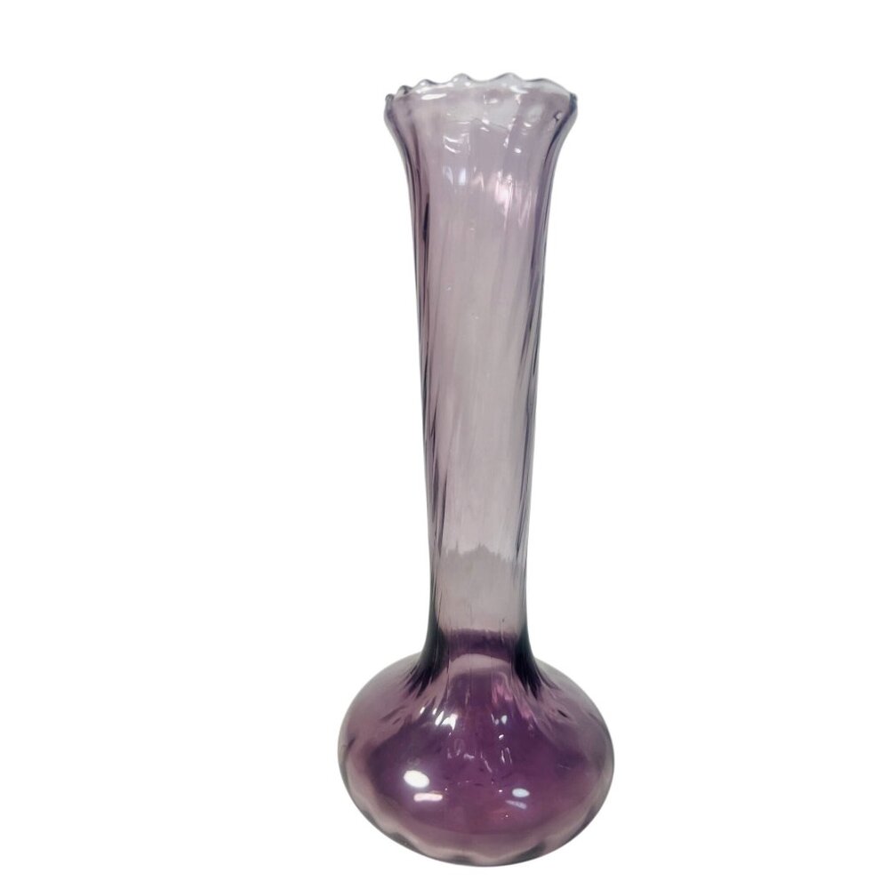 Vtg Purple Amethyst Glass Bud Vase Swirl Glass Flared Wavy‎ Rim Hand Blown 7"